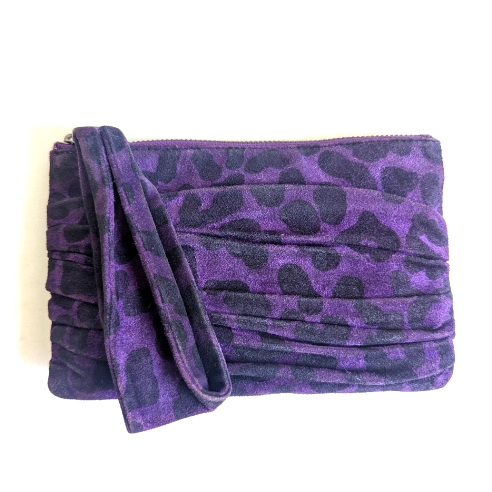 Henri Bendel Suede Cheetah Print Wristlet Pouch Case 💜 Purple & Black Vintage